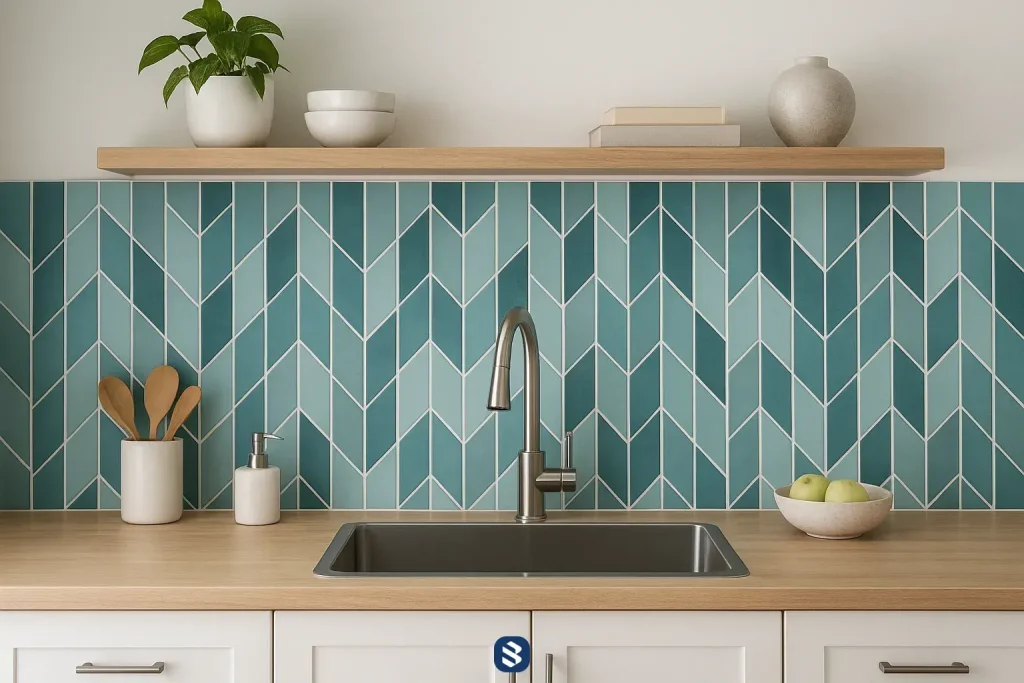 کاشی دیوار آشپزخانه مدرن با طرح هندسی آبی و فیروزه‌ای در یک آشپزخانه مینیمال با سینک استیل و کابینت سفید